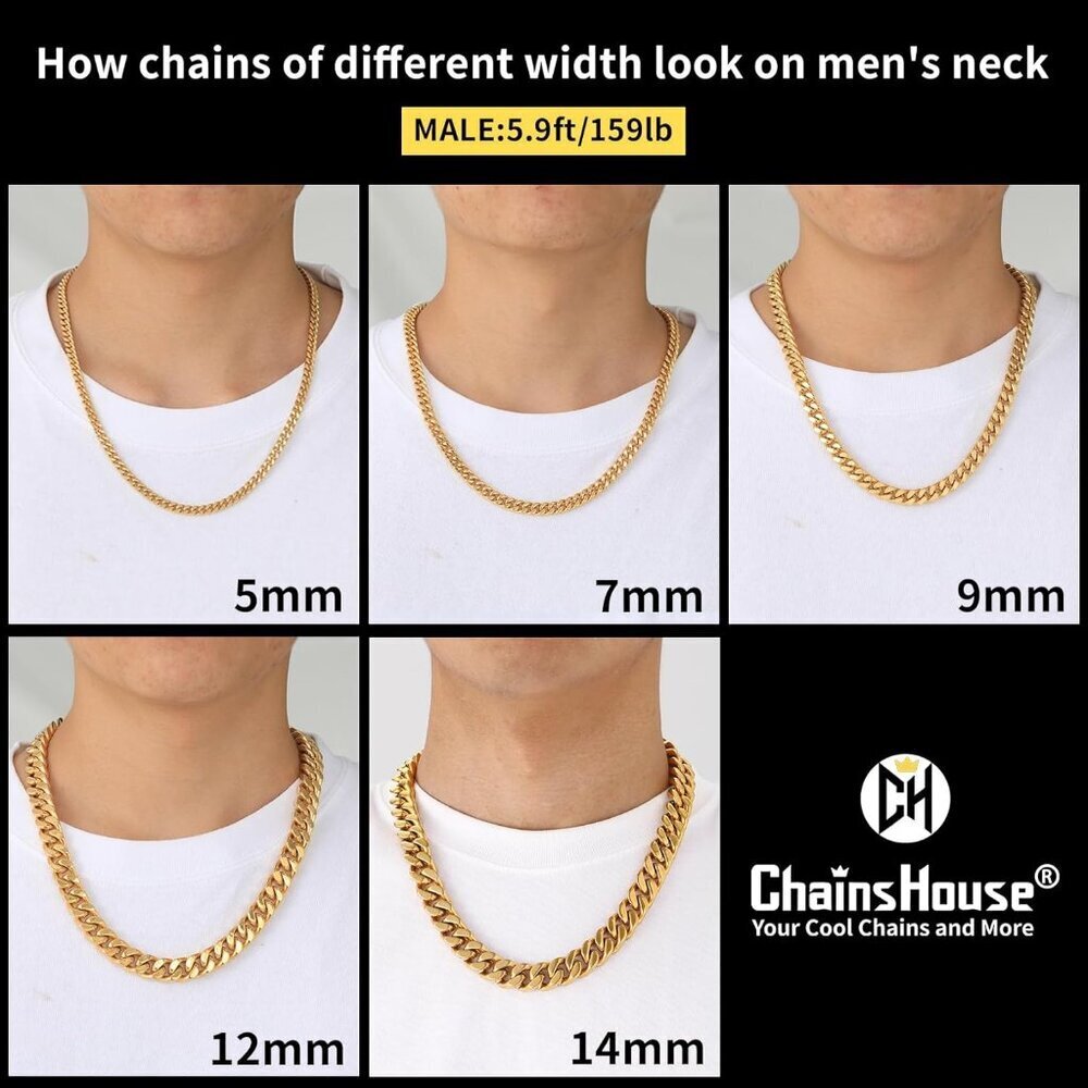 Gold/18K 9mm width Plated Miami Cuban Chain Necklace | Stainless Steel Men - Picture 5 of 7